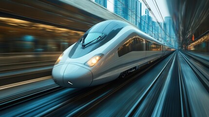Fototapeta premium High-speed train, close-up of sleek train in motion, modern city landscape in the background