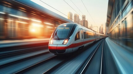 High-speed train, close-up of sleek train in motion, modern city landscape in the background