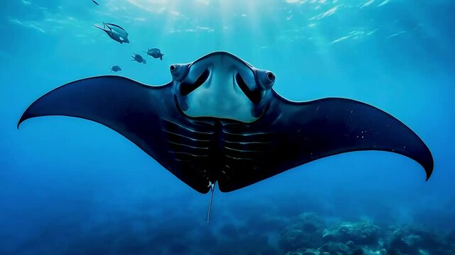 A majestic giant manta ray glides gracefully through the deep blue ocean with sun rays shining from above.