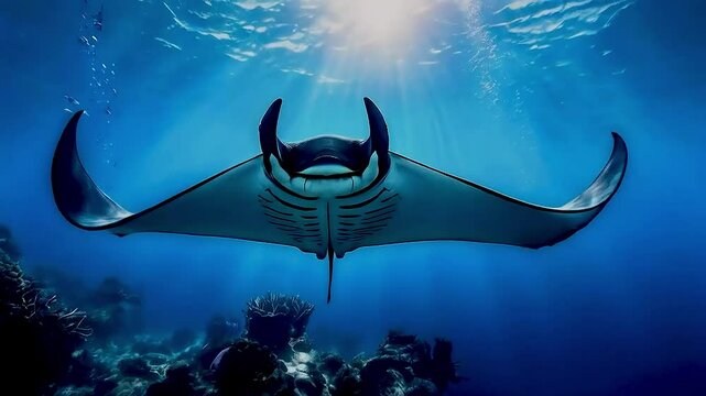 A majestic manta ray glides gracefully through the deep blue ocean with sunbeams shining from above.