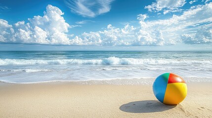 A colorful beach ball lying on the sand with a clear sky and soft ocean waves in the distance.