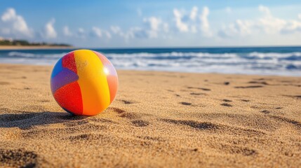 Obraz premium A colorful beach ball resting in the sand with gentle waves in the distance.