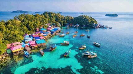 Fototapeta premium A colorful coastal fishing village with boats docked in calm turquoise waters.