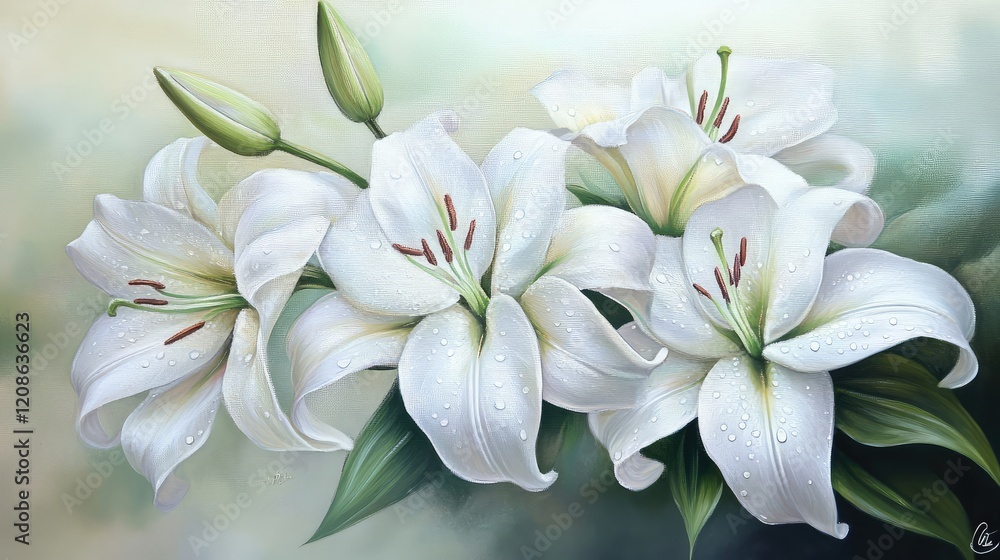 Poster a delicate cluster of white lilies with soft dewdrops resting on the petals under the soft summer li