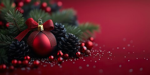 Festive red ornament surrounded by pinecones and holly foliage