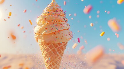 A delicious ice cream cone on a bright sunny day, with colorful sprinkles and a clear background.