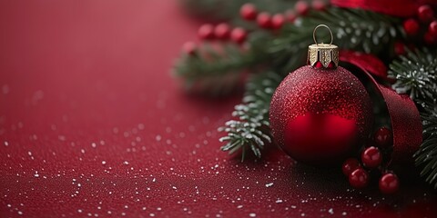 Festive red ornament and greenery on a holiday table setting