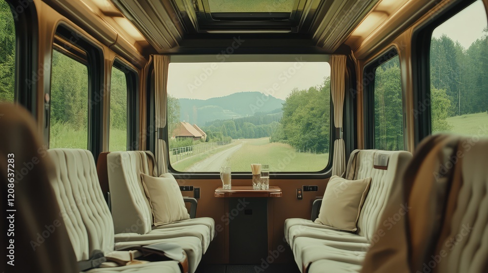 Aufkleber a first-class train cabin featuring spacious seating and a view of the countryside through large win