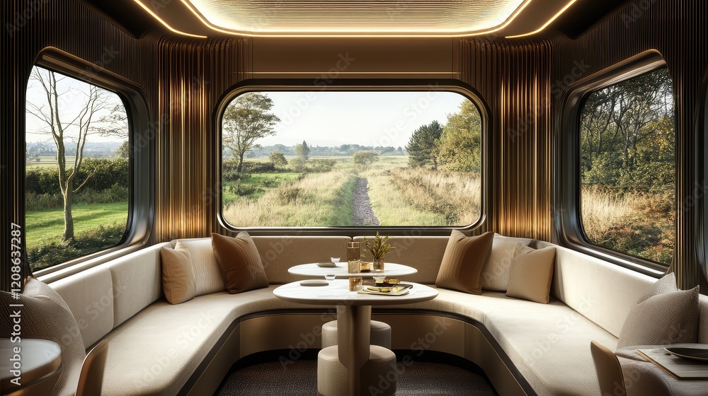Poster a first-class train cabin featuring spacious seating and a view of the countryside through large win