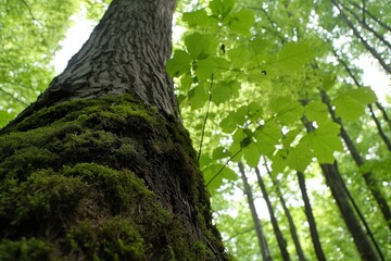 Fototapeta premium Tall tree covered in moss under the green canopy in summer