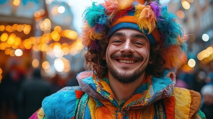 Obraz premium Smiling jester carnival portrait, city bokeh