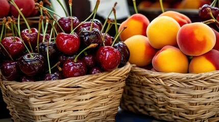 Fresh Cherries and Peaches Displayed in Rustic Baskets at a Farmers Market, Showcasing Vibrant Colors and Natural Textures of Summer Fruits