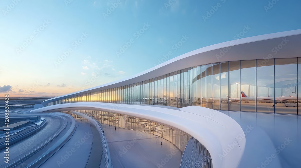 Poster a futuristic airport terminal with curved architecture and large panoramic windows overlooking the t