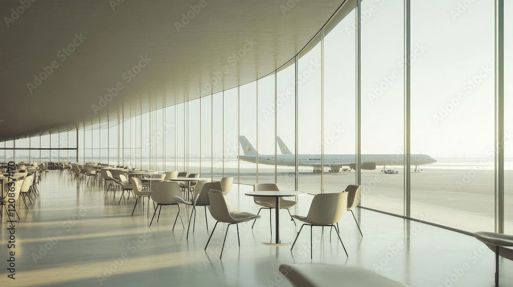 Poster a futuristic airport terminal with curved architecture and large panoramic windows overlooking the t