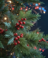 Obraz premium A lush arrangement of pine branches and holly in shades of green and red rests on a soft blue backdrop amidst sparkling Christmas lights , decorations, branch