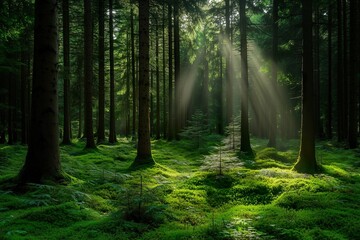 Sunlight breaks through trees in a serene forest setting