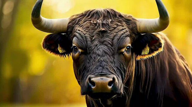 A powerful dark brown bull with large horns stares intently forward with a soft-focus yellow background.