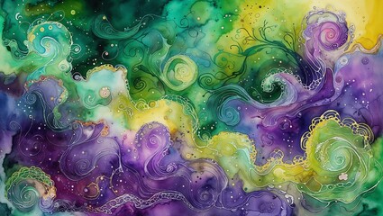  Mardi Gras Watercolor Background With Swirl Pattern
