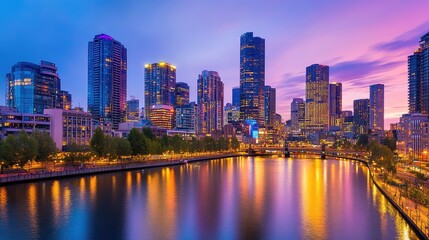 Fototapeta premium A panoramic view of a cityscape at twilight, with glowing lights reflecting off a calm river.