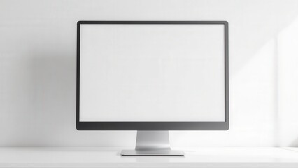 Fototapeta premium A sleek black monitor perched on a pristine white desk, its thin ebony frame encircling a serene, unoccupied screen, inviting imagination at eye level. 