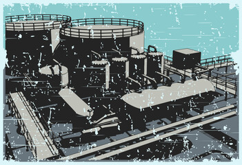 Oil refinery plant close-up retro poster