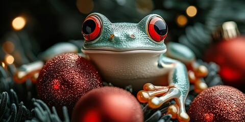 Colorful frog among Christmas ornaments on festive tree branches