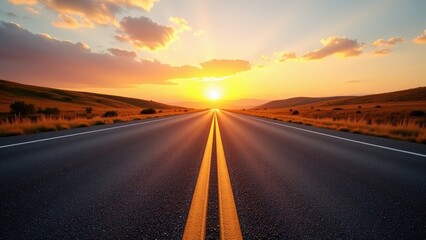 Sunset on an asphalt road; twin yellow lines divide the surface as vibrant oranges and yellows paint the sky above, casting a warm glow across the landscape