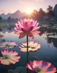 A majestic pink lotus blooms on the surface of a serene lake as warm sunlight illuminates the surrounding landscape , calm, peaceful