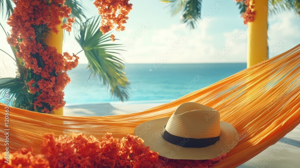 Poster a relaxing hammock with a straw hat resting on it, set against a vibrant ocean view.