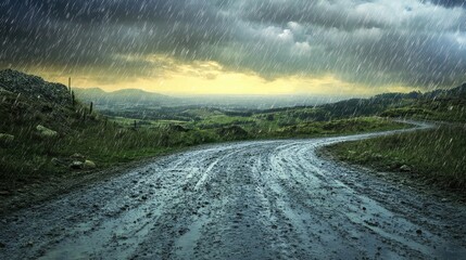 A rainstorm hitting a rural countryside with muddy roads, overcast skies, and streaks of rain falling from the clouds.