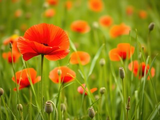 A majestic red poppy flower standing proudly amidst a sea of green grass, vibrant colors, garden scene
