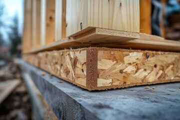 Construction progress with wooden materials at building site