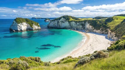 Fototapeta premium A secluded beach surrounded by dramatic rock formations and turquoise water.