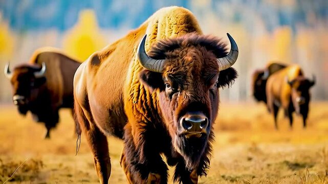 A majestic American bison stands in a golden field with its herd in the background during autumn.