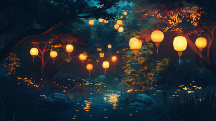 Obraz premium A tranquil garden illuminated by softly glowing chinese lanterns hanging from trees at night. Lunar Garden. Illustration