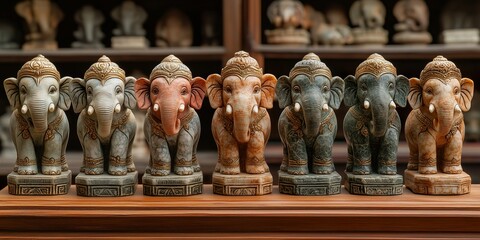 Colorful elephant figurines displayed in a cultural shop setting