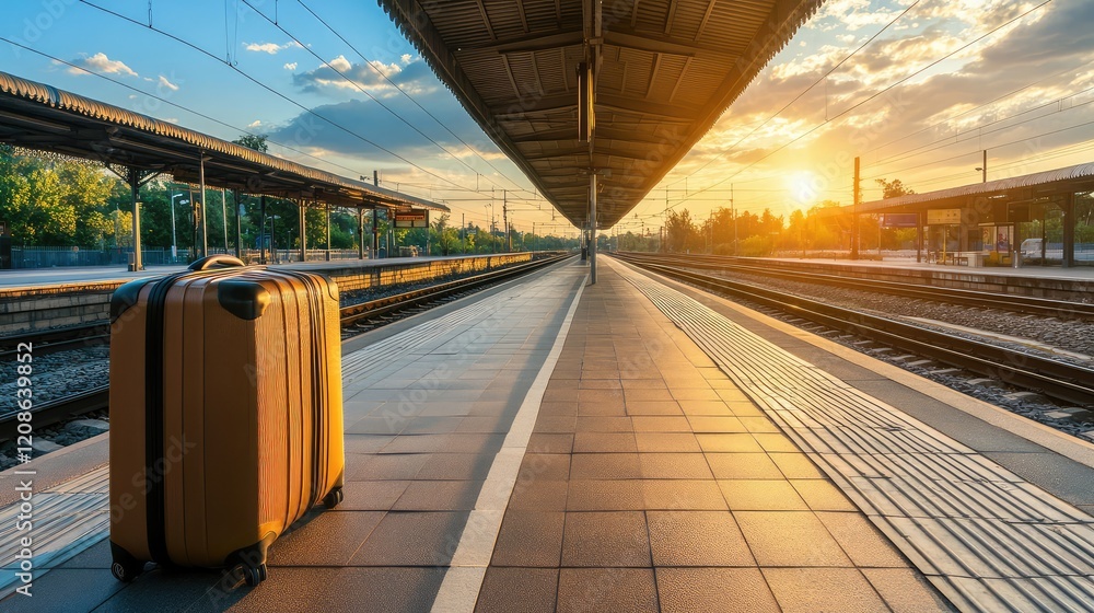 Poster a suitcase placed on a tiled train station platform with tracks leading into the distance.