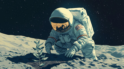 Astronaut planting seeds on moon earth background space farming future agriculture. Lunar Garden. Illustration