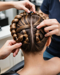 Naklejka premium Manos de peluqueras creando un peinado elegante recogido con torzadas a una clienta en una peluquería