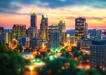Obraz premium The skyline of magnificent fantastic North Carolina cityscape at sunset with beautiful buildings