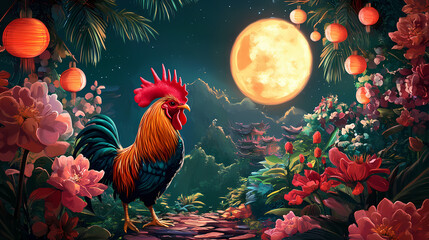 Celebrating lunar new year with a rooster garden digital art festive. Lunar Garden. Illustration