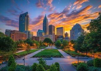 Fototapeta premium The skyline of magnificent fantastic North Carolina cityscape at sunset with beautiful buildings
