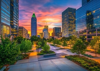 Fototapeta premium The skyline of magnificent fantastic North Carolina cityscape at sunset with beautiful buildings