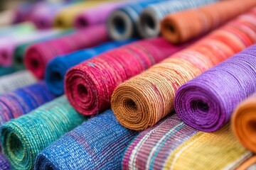 Colorful rolls of fabric displayed at a market for textile shopping
