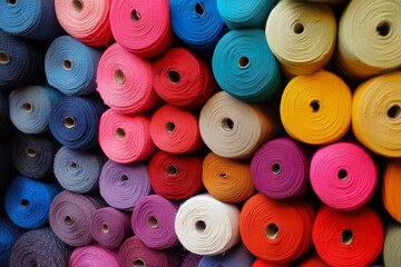 Colorful rolls of thread neatly arranged on display