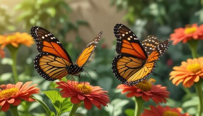 Fototapeta premium A monarch butterfly rests on top of a zinnia flower in a warm and sunny summer garden, garden, zinnia flower