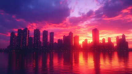 Fototapeta premium City skyline sunset reflection, vibrant colors, calm water, urban landscape, ideal for travel brochures
