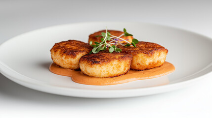 Gourmet seared scallops garnished with microgreens served on a creamy sauce, showcasing culinary elegance and indulgence on a pristine white plate.