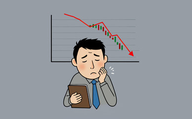 落ち込むビジネスマンのフラットなシンプルイラスト 下落するチャート 業績不振 悩み ストレス 株価 投資  Flat simple illustration of a depressed businessman Falling chart Poor performance Worries Stress Stocks Investment