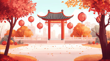 Festive lunar new year gateway with vibrant lanterns and autumn leaves in tranquil garden setting. Lunar Garden. Illustration
